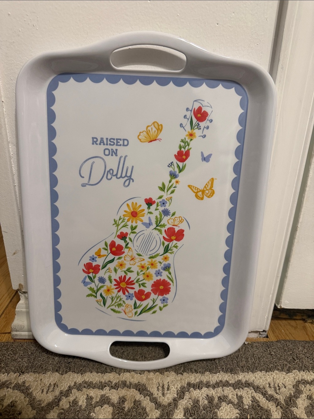 Raised on Dolly Floral Guitar Serving Tray - White & Blue